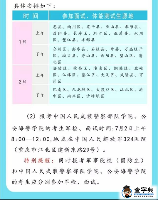 2016重庆公安院校和军校(国防生)军检体能测试及面试安排