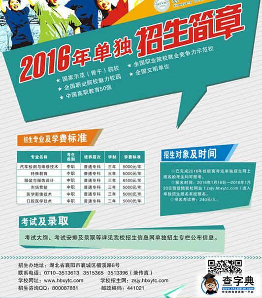 襄阳职业技术学院2016年单独招生简章