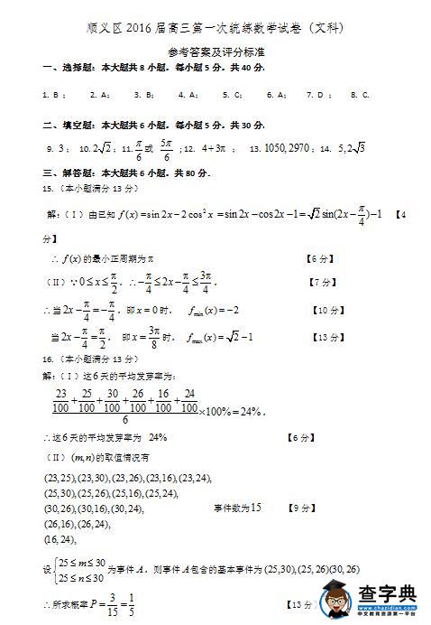 2016北京顺义区高三一模文科数学试题及答案