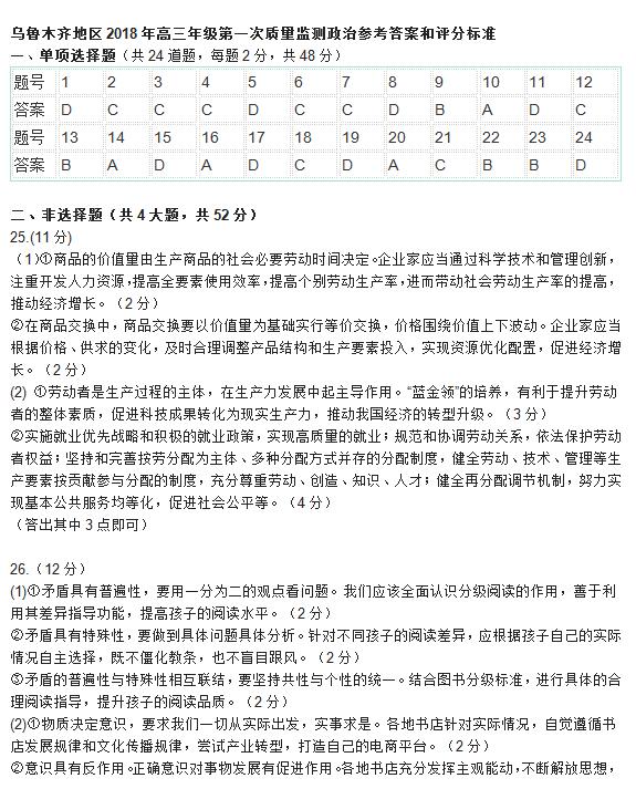 2018乌鲁木齐一模政治试题及答案1