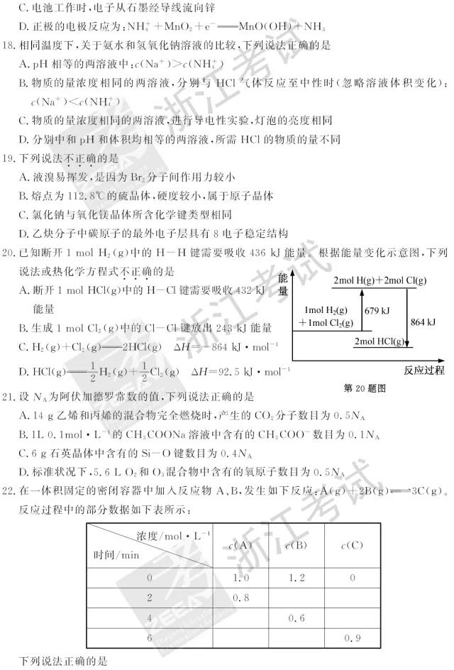 2018年6月浙江高考学考选考化学试题和答案4