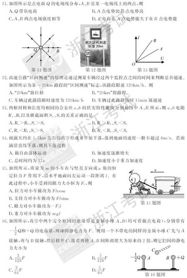 2018年6月浙江高考学考选考物理试题和答案3