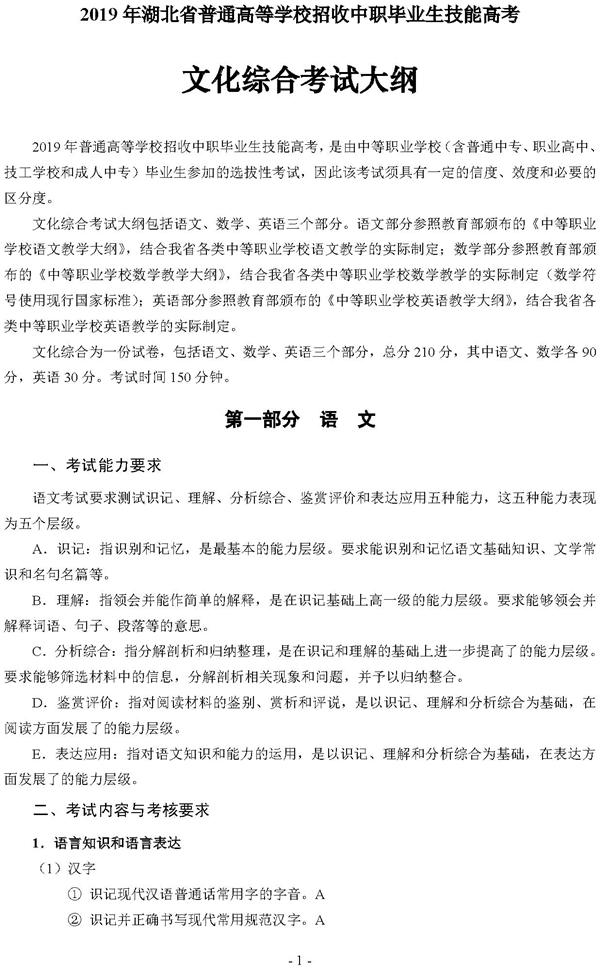 2019年湖北技能高考文化综合考试大纲1