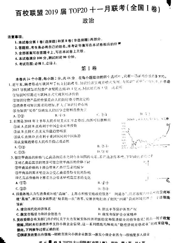 2019百校联盟TOP20十一月高三联考政治试题及答案(全国1卷)1