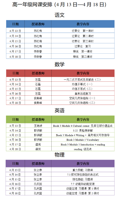 2020黑龙江大庆高一第七周网课安排1
